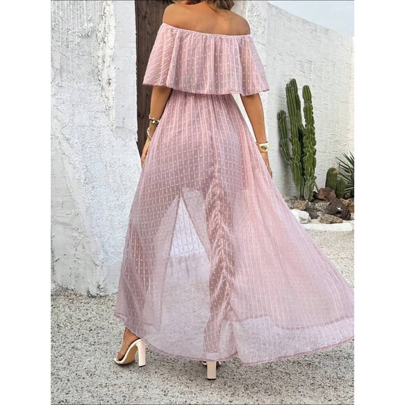 Swiss dot off the shoulder ruffle sheer maxi dress boho white - Picture 4 of 4